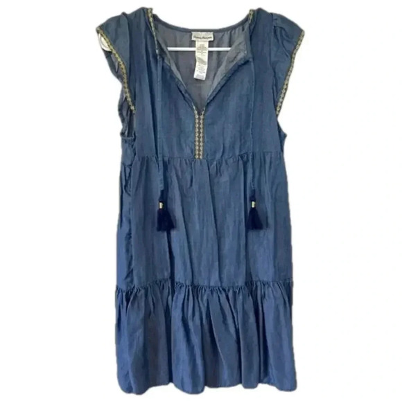 Tommy Bahama Dresses & Skirts - Tommy Bahama Women's Blue Boho Embroidered Tassel Tiered Tencel Dress